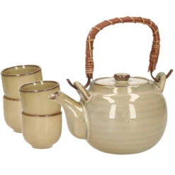 Excellent Houseware Theepot Set Met 4 Bekers Groen Keramiek