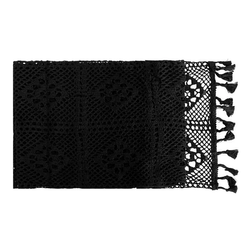 QUVIO Tafelloper Gehaakt Met Fransjes - 300 X 24 Cm - Katoen - Zwart - Afbeelding 3