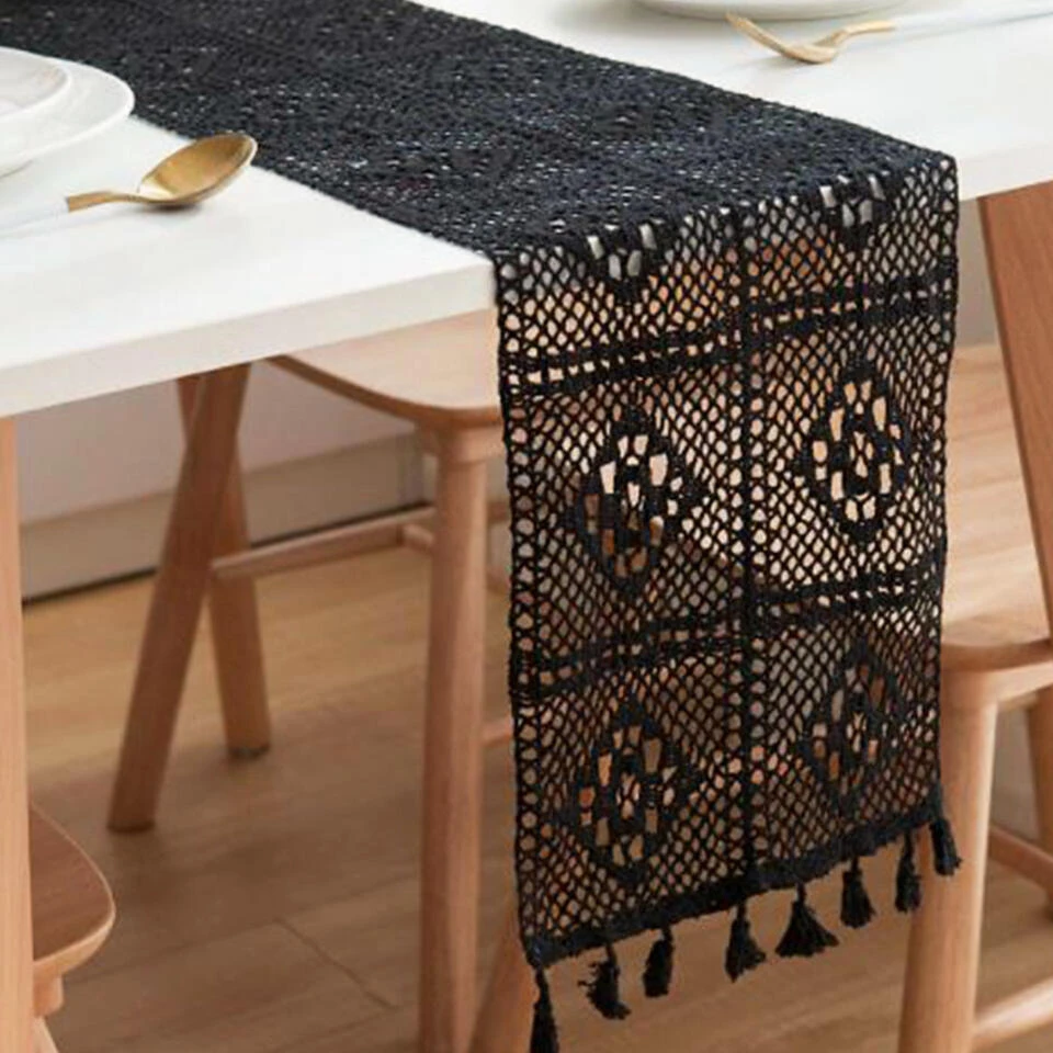 QUVIO Tafelloper Gehaakt Met Fransjes - 300 X 24 Cm - Katoen - Zwart - Afbeelding 4