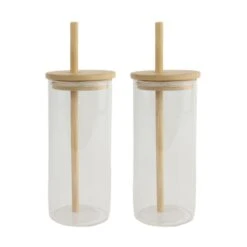 Orange85 Drinkglazen Met Bamboo Deksel Met Rietje 2 Stuks 400 Ml Waterglazen