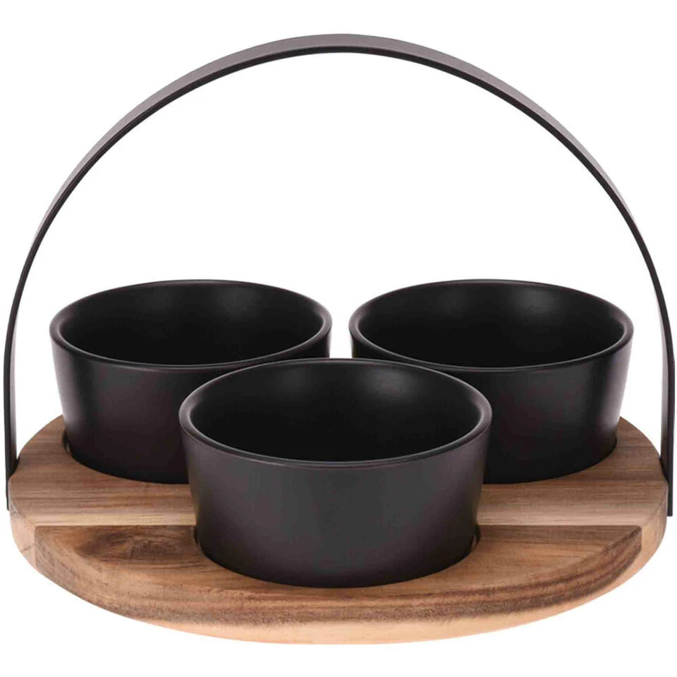 Excellent Houseware Serveerplank - Rond - 3 Schaaltjes - Hout - 22 Cm