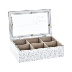 Items Theedoos/theekist Leaves - Hout - Wit - 6 Vakken