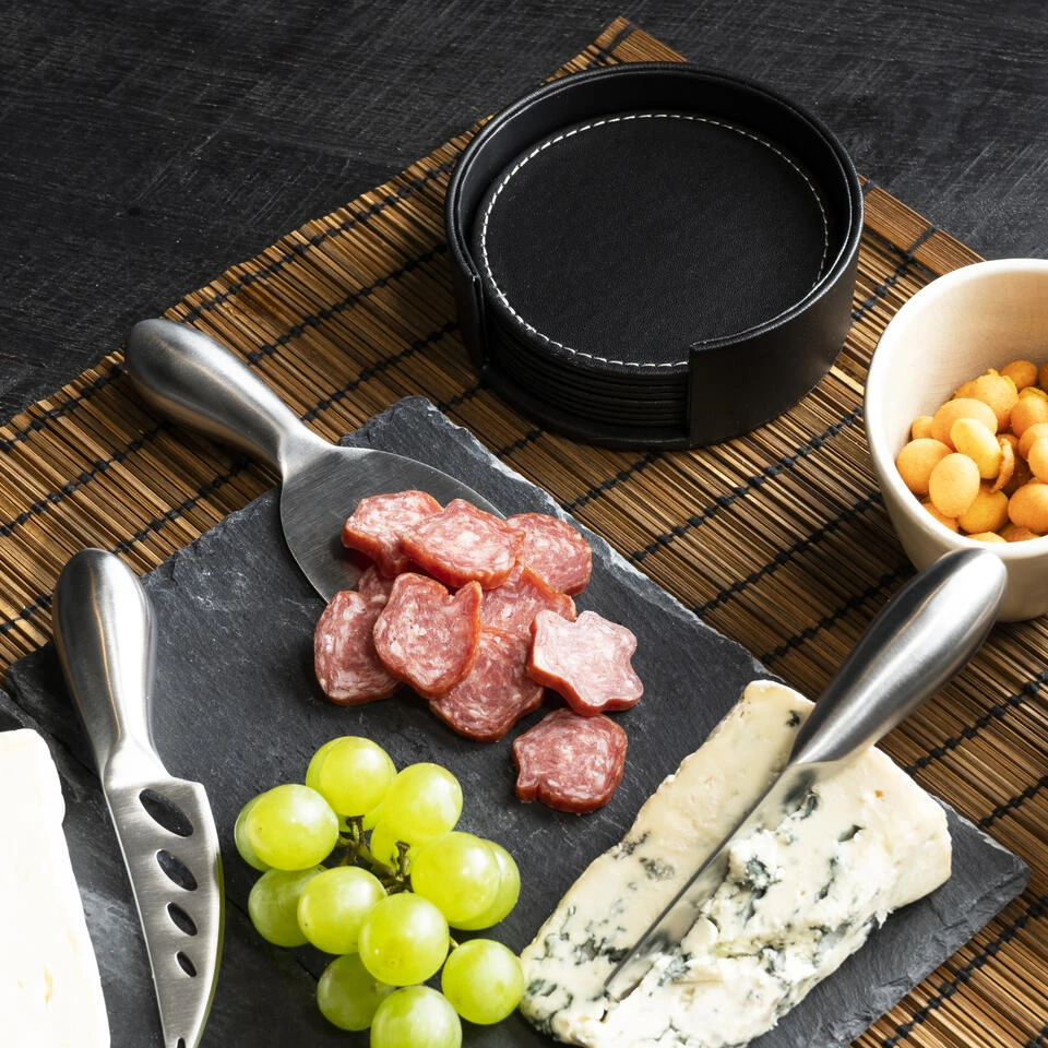 QUVIO 6 Leren Onderzetters Rond Met Houder - Zwart - Afbeelding 2