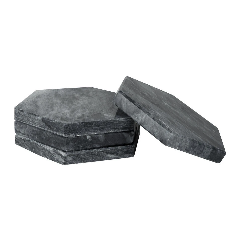 QUVIO Glasonderzetter Hexagon - Marmer - Zwart - Set Van 4 - Afbeelding 4