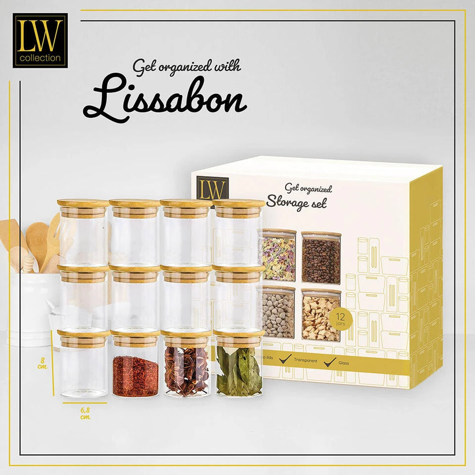 LW Collection Voorraadpotten Kruidenpotjes Glas 12 Stuks Bamboe Deksel 0.2L - Afbeelding 3