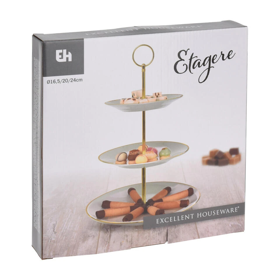 Excellent Houseware Etagere Met 3 Lagen - Wit - Porselein - 33 Cm Hoog - Afbeelding 2